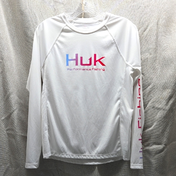 Huk Fishing, Long Sleeve Crew Neck Tee, White With Multi-colored Lettering - Picture 1 of 11